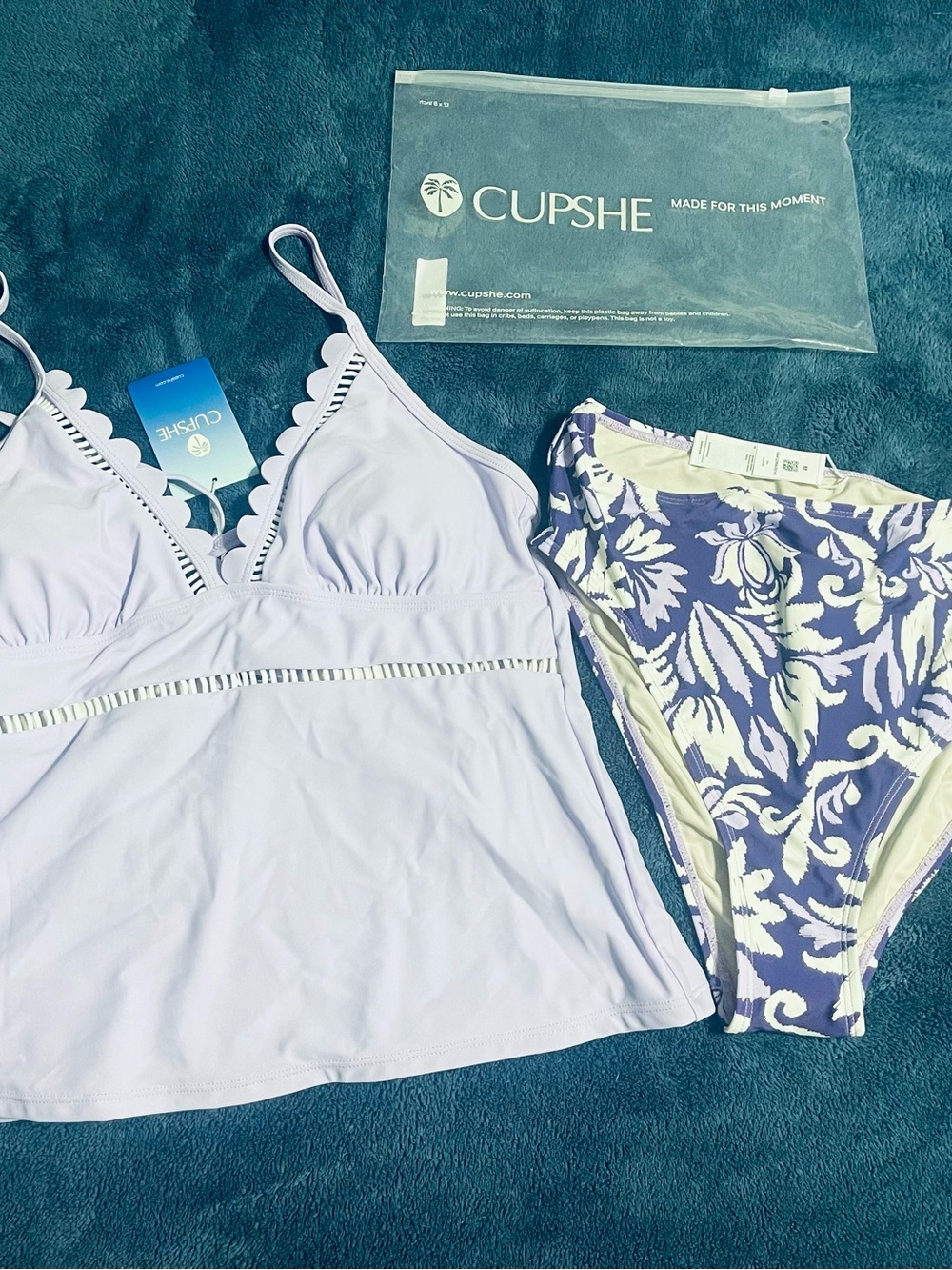 Cupshe Lavender Scalloped Tankini with Patterned High-Waist Bottoms